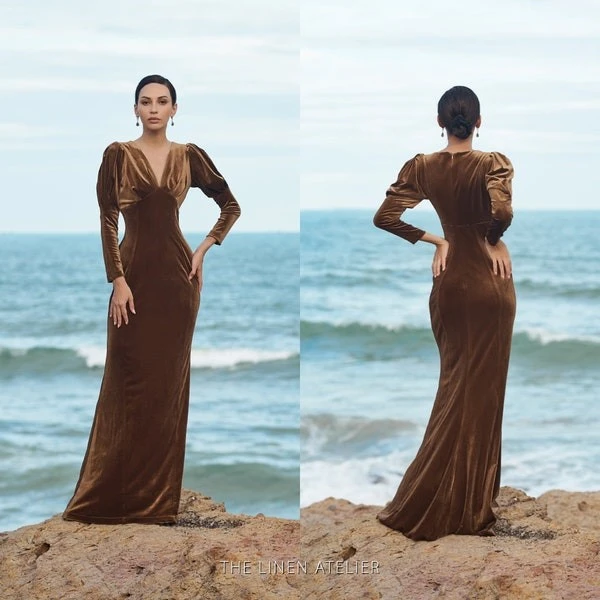 Long-sleeved floor length velvet dress